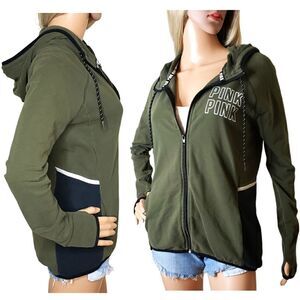 Victoria's Secret PINK Army Green Hooded Jacket W/ Thumb Holes